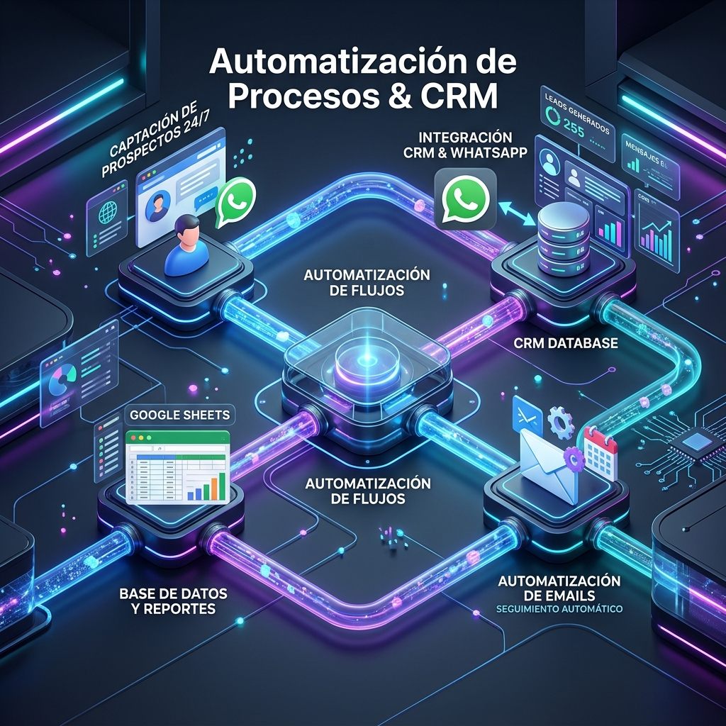 Flujos Automatizados e Integraciones CRM & WhatsApp 3D
